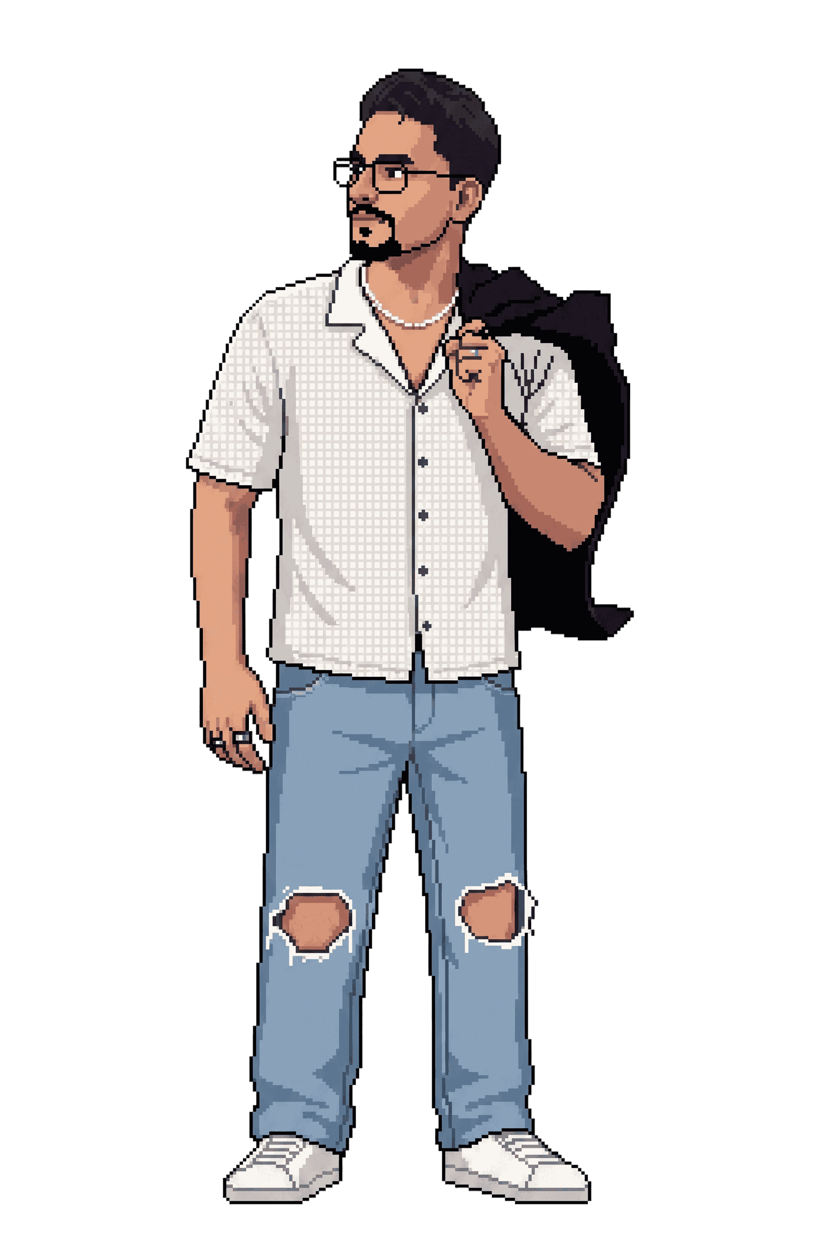 Esteban en pixel art, con la chaqueta al hombro, listo para la siguiente partida