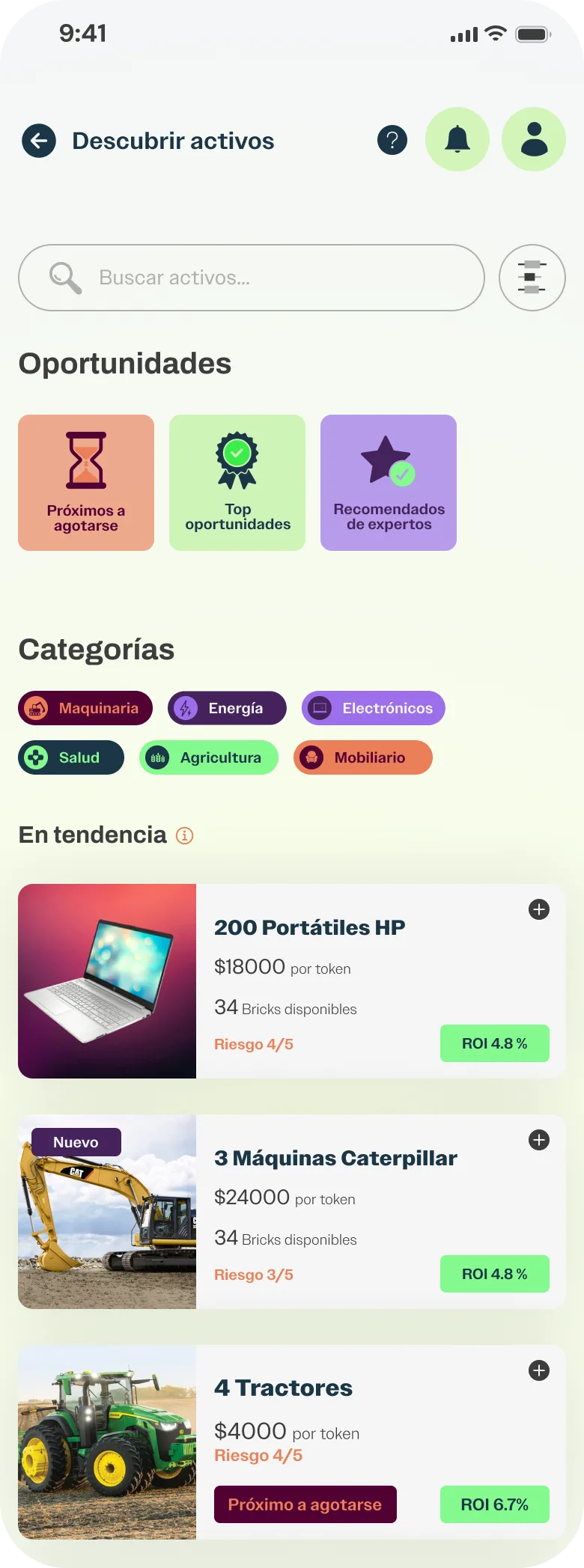 Descubrir activos: categorías, colecciones curadas y activos en tendencia con ROI y riesgo visibles.