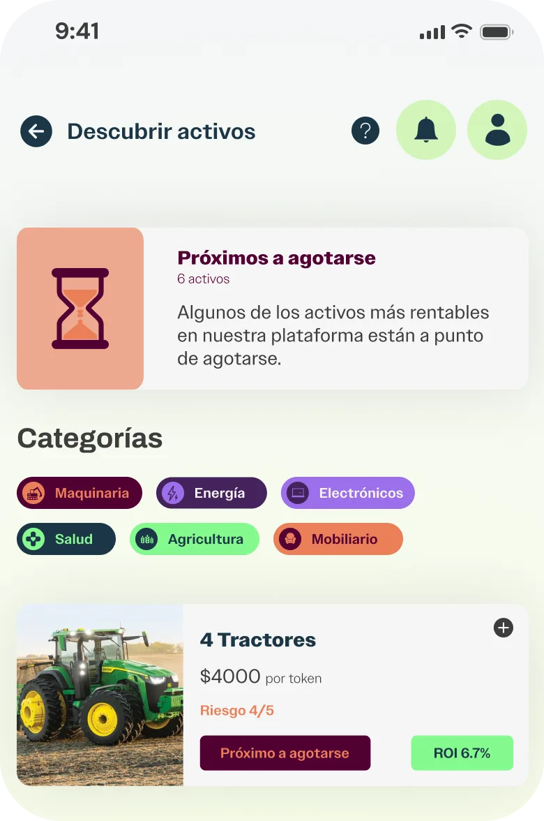 Colección «Próximos a agotarse»: activos rentables con disponibilidad limitada, filtrables por categoría.