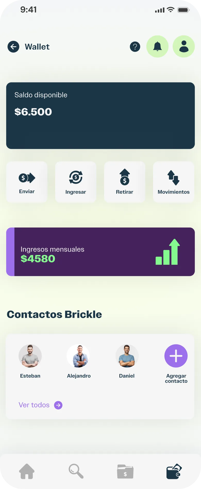 Wallet: saldo disponible, enviar, ingresar, retirar y contactos frecuentes de Brickle.