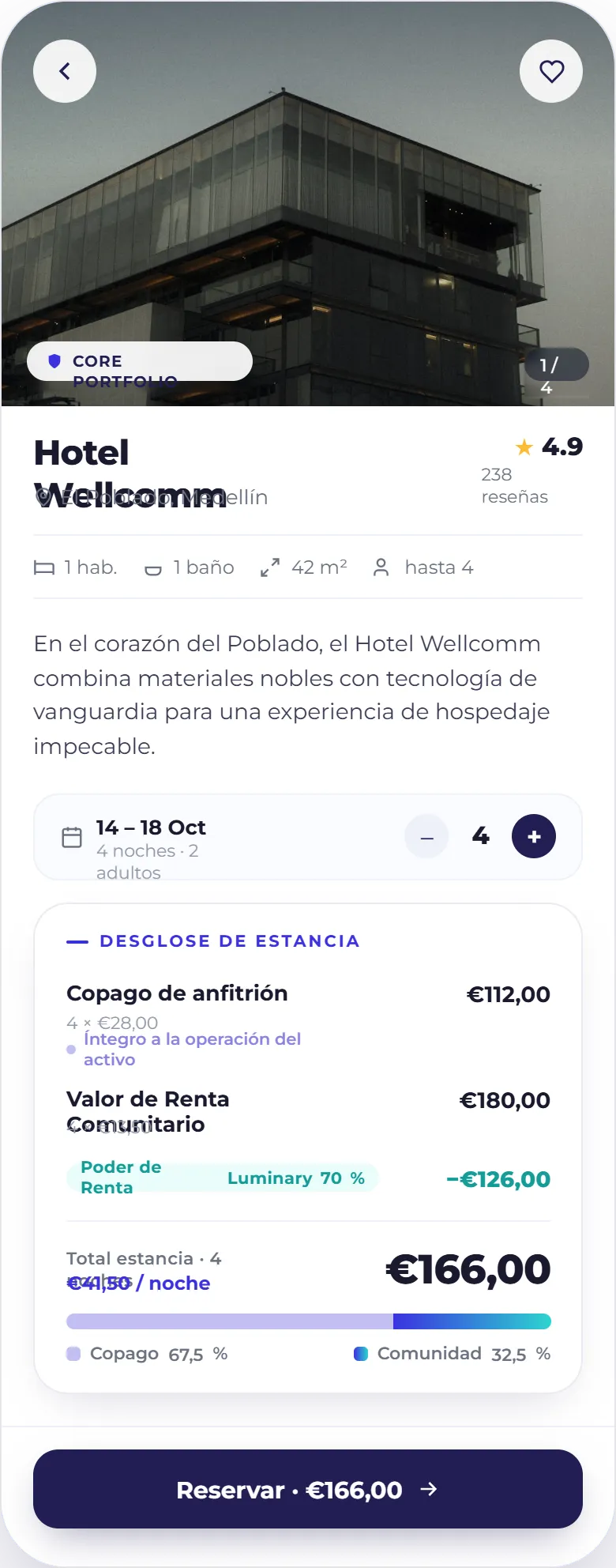 Ficha de propiedad: copago, valor comunitario y descuento por Poder de Renta desglosados antes del total.