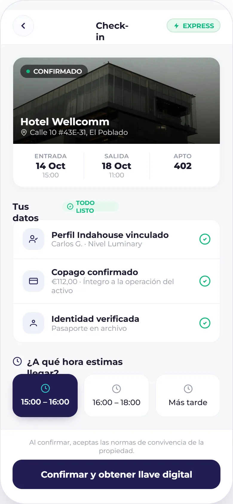 Check-in express: requisitos verificados uno a uno y franja de llegada antes de emitir la llave.