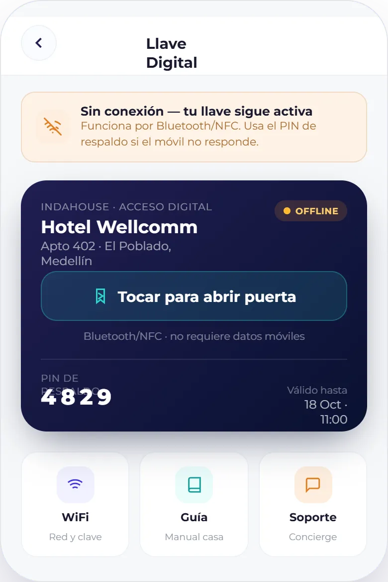 Llave digital en estado sin conexión, con PIN de respaldo y accesos a WiFi, guía de la casa y soporte.