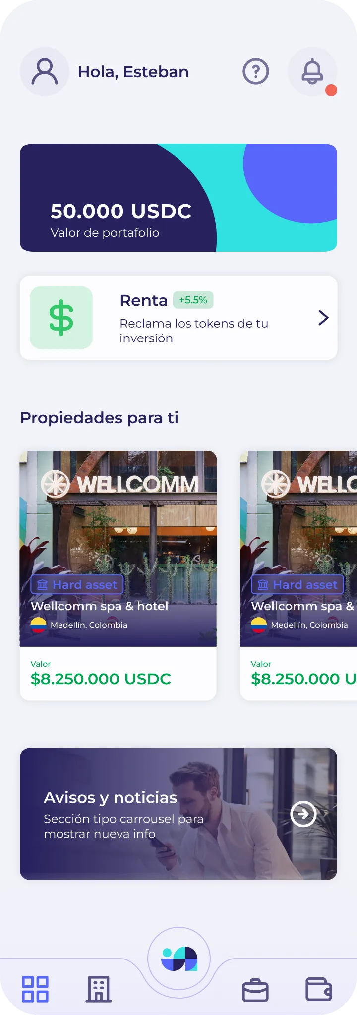 Home: valor del portafolio en USDC, renta por reclamar y propiedades sugeridas antes que cualquier catálogo.