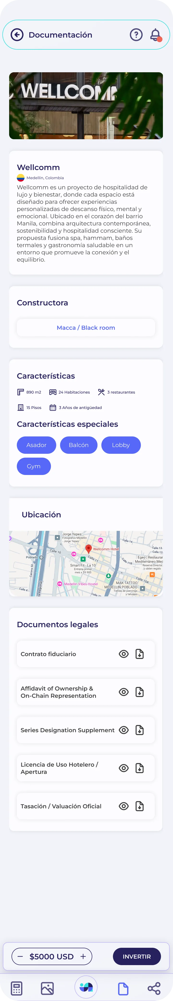 Documentación: constructora, características, ubicación y documentos legales —contrato fiduciario, affidavit on-chain, suplemento de la Series y tasación—.