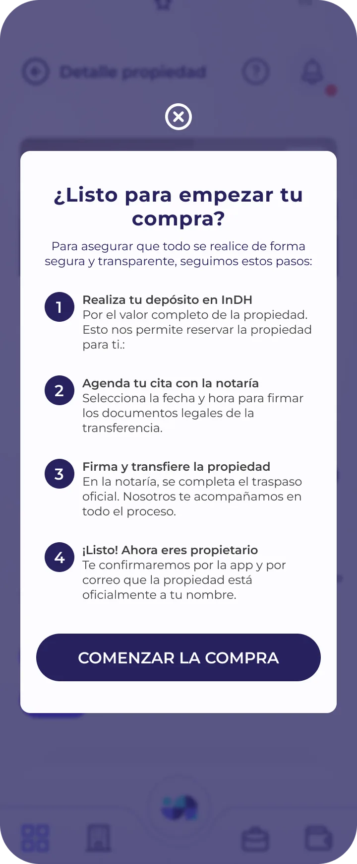 Inicio de compra: los cuatro pasos del proceso, visibles antes de comprometer un solo token.