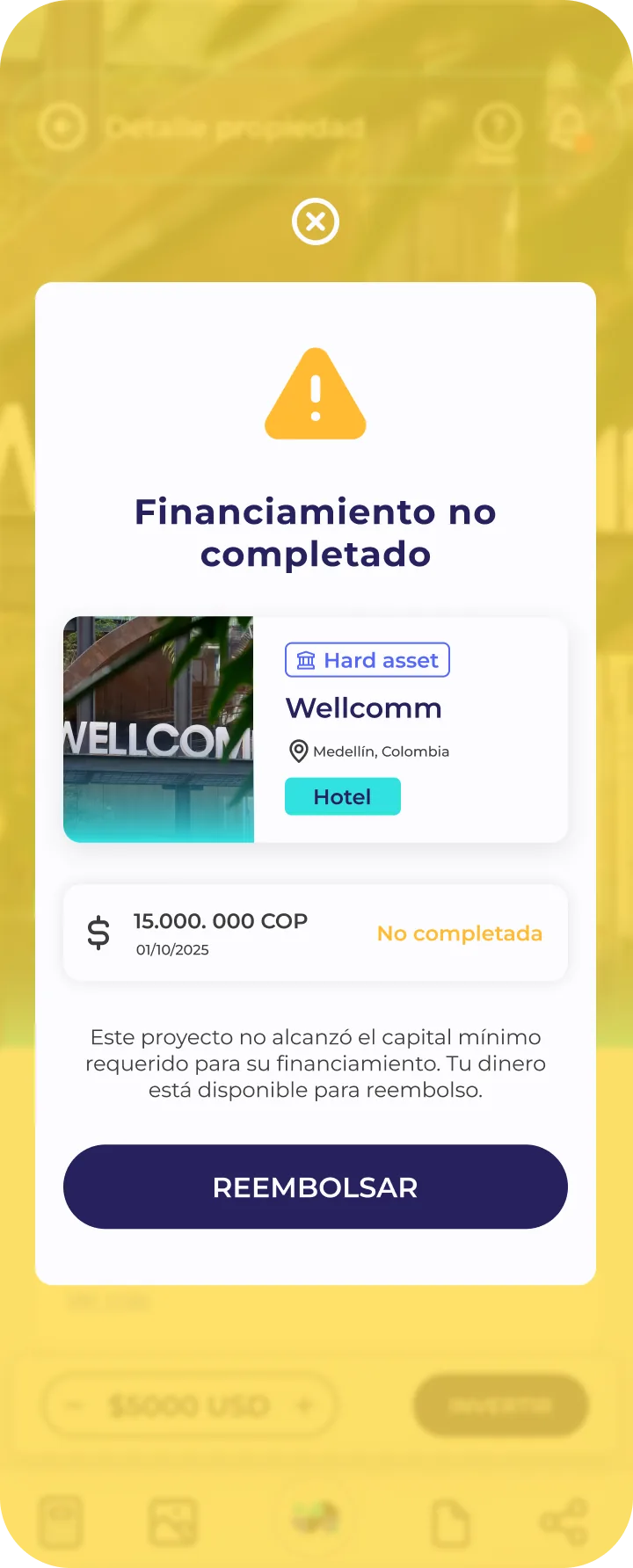 Financiamiento no completado: el proyecto no alcanzó el capital mínimo y el dinero queda listo para reembolso.