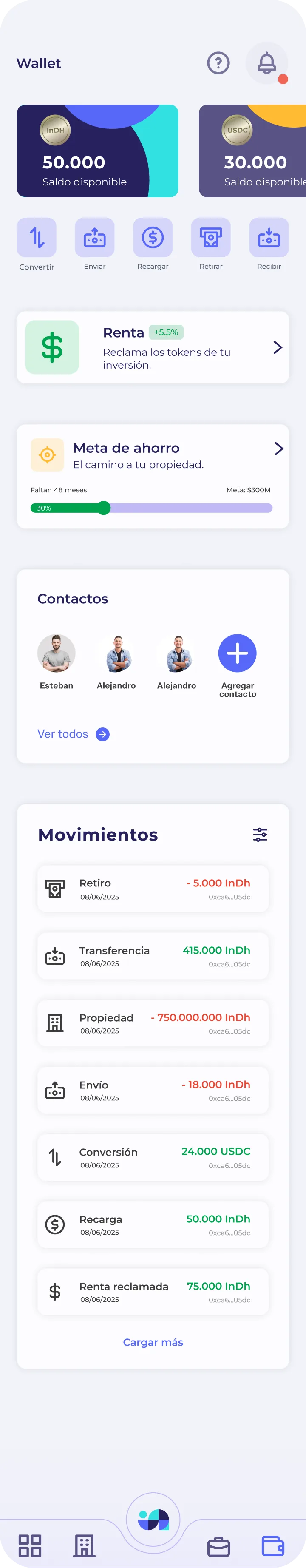 Wallet: saldos disponibles, renta por reclamar, meta de ahorro, contactos y movimientos en una sola pantalla.