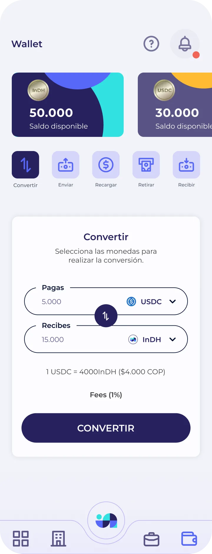Convertir: cambio entre monedas con la tasa y la comisión visibles antes de confirmar.