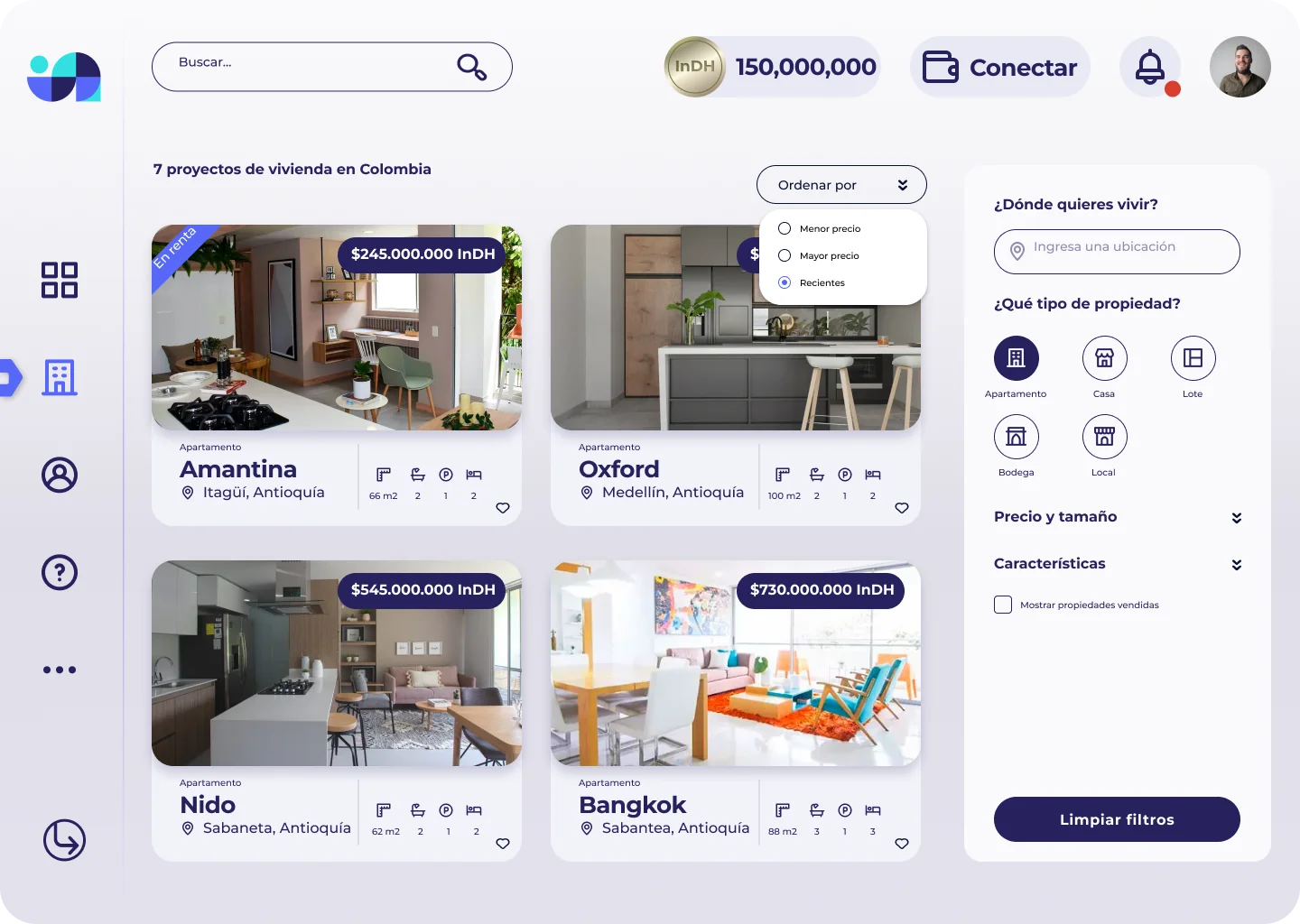 Propiedades: el listado a dos columnas, con orden y filtros —ubicación, tipo, precio y tamaño— siempre visibles al costado.